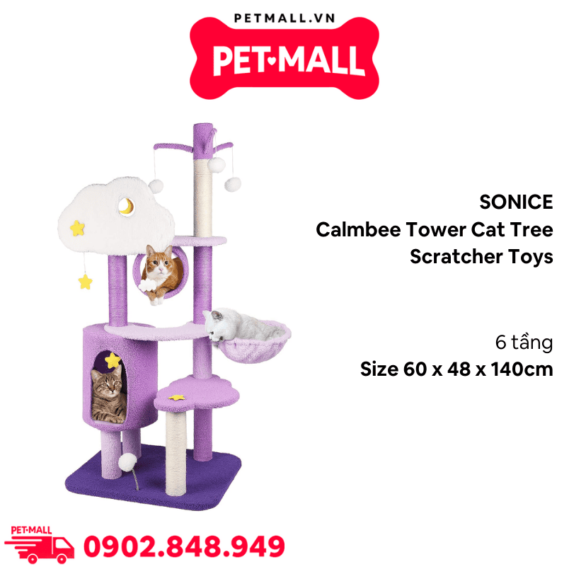 Trụ cào SONICE Calmbee Tower Cat Tree Scratcher Toys Size 60 x 48 x 140 cm - 6 tầng hình đám mây tím Petmall