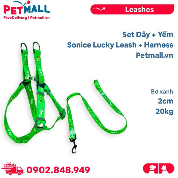 Set Dây + Yếm Sonice Lucky Leash + Harness 20kg - 2cm Bơ xanh Petmall