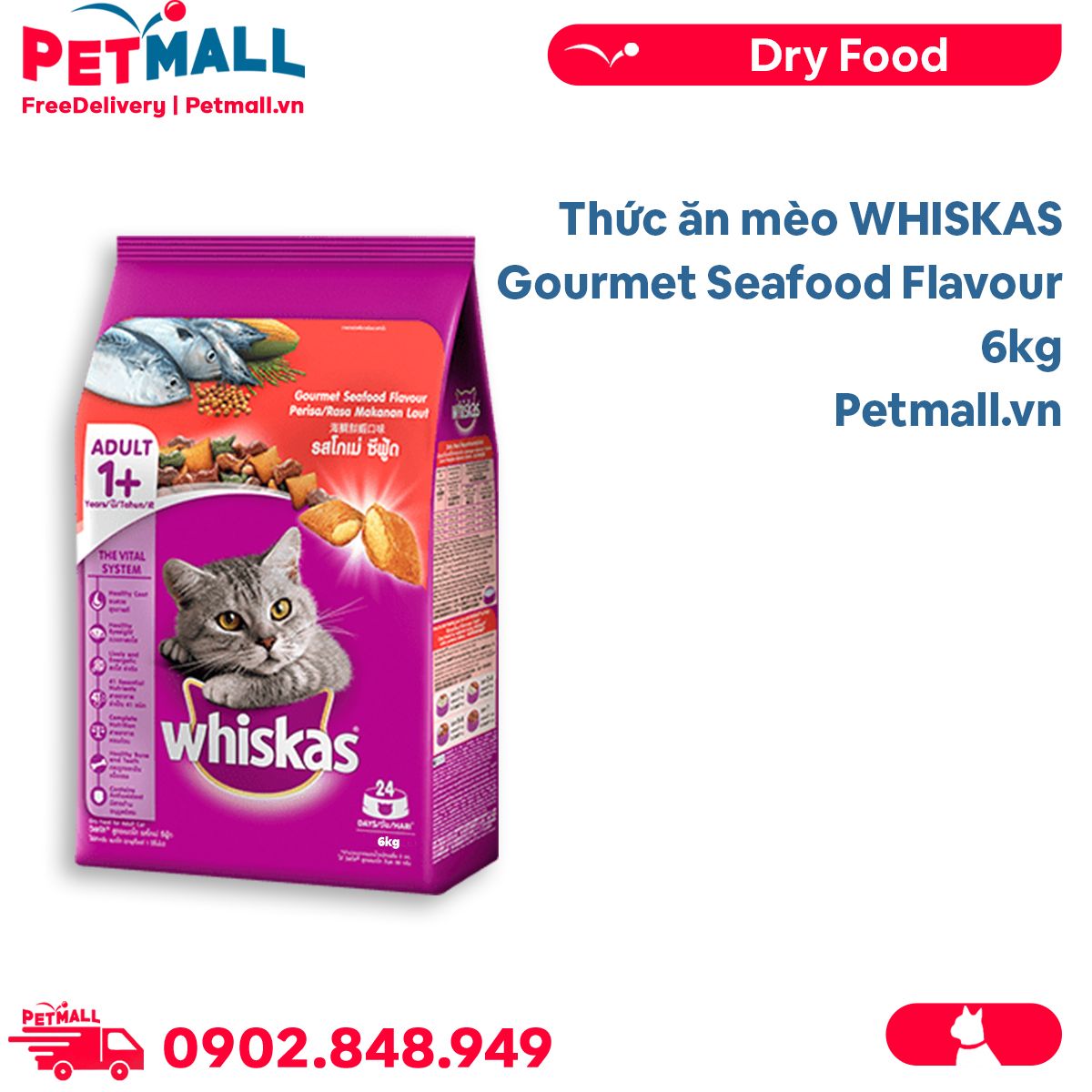 Thức ăn mèo WHISKAS Gourmet Seafood Flavour 6kg - Vị Hải sản Petmall
