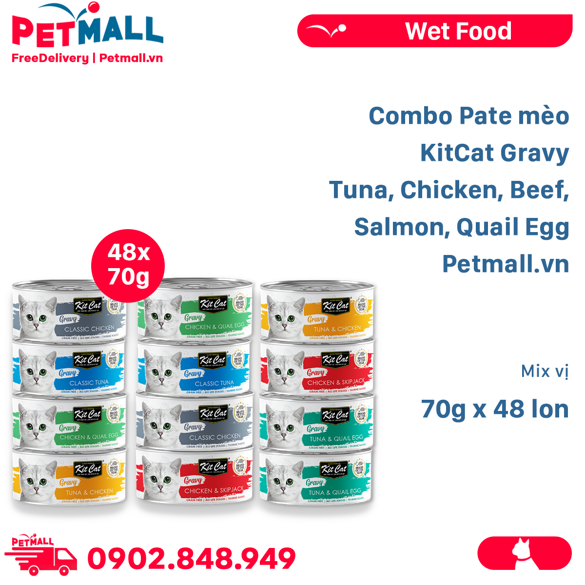 Combo Pate mèo KitCat Gravy Tuna, Chicken, Beef, Salmon, Quail Egg 70g
