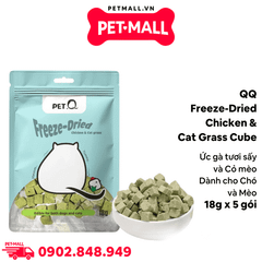 Combo 5 Gói 18G - Thức ăn đông khô cho chó mèo QQ Freeze-Dried Chicken & Cat Grass Cube - Ức gà tươi sấy và cỏ mèo Petmall