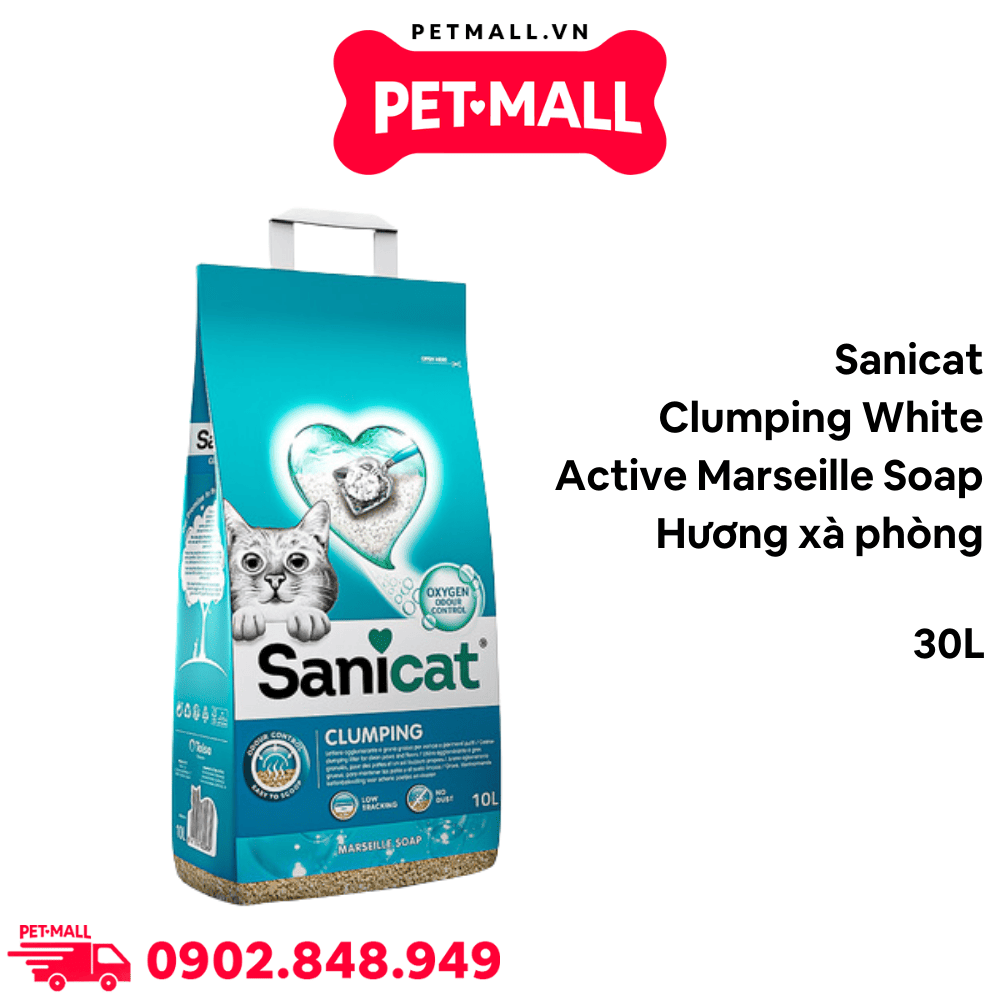 Cát vệ sinh Sanicat Clumping White Active Marseille Soap Bentonite Cat Litter 30L - Hương xà phòng, vón cục và diệt khuẩn Petmall