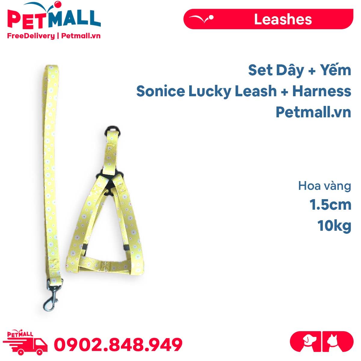 Set Dây + Yếm Sonice Lucky Leash + Harness 10kg - 1.5cm Hoa vàng Petmall