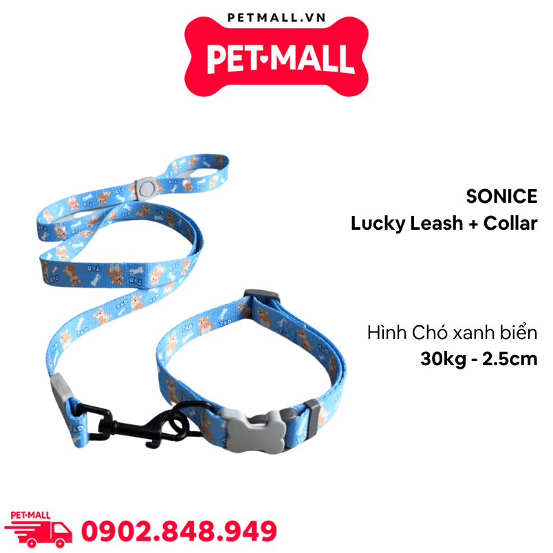 Set Dây + Vòng cổ Sonice Lucky Leash + Collar 30kg - 2.5cm Hình chó xanh biển Petmall