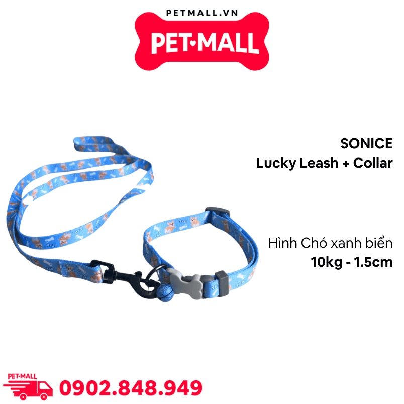 Set Dây + Vòng cổ Sonice Lucky Leash + Collar 10kg - 1.5cm Hình chó xanh biển Petmall
