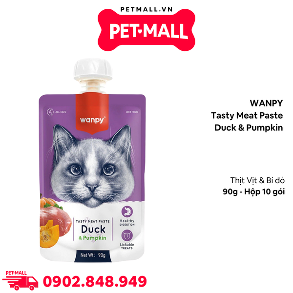 Hộp 10 Gói 90G - Treats mèo dạng nắp vặn WANPY Tasty Meat Paste Duck & Pumpkin - Thịt Vịt & Bí Đỏ Petmall