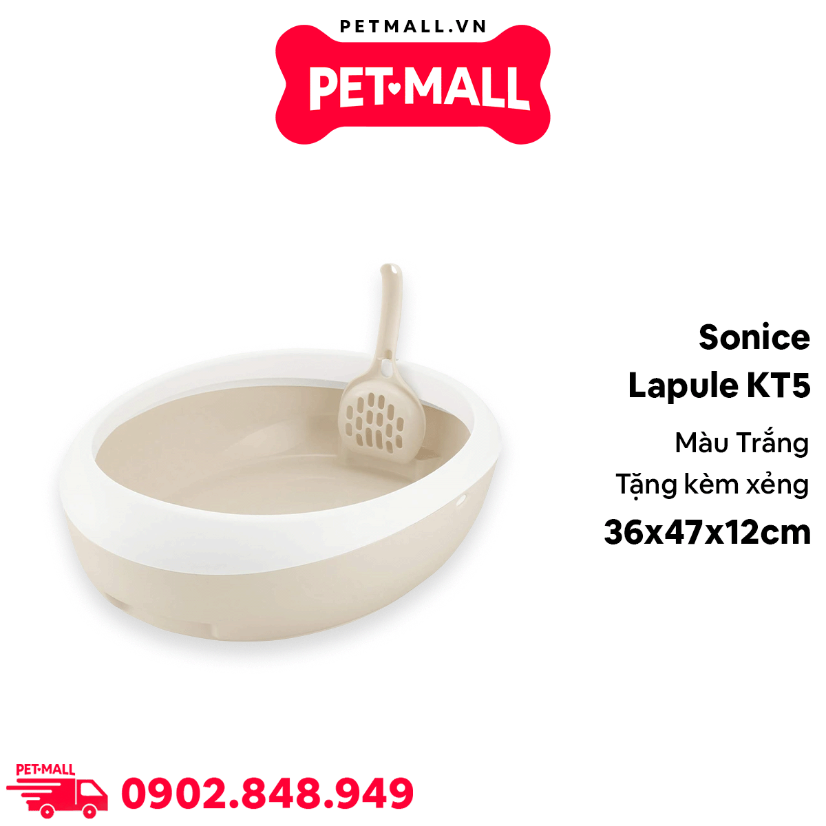 Khay vệ sinh mèo Sonice Lapule KT5 size M - 36 x 47 x 12 cm - Trắng  | Tặng Kèm Xẻng Petmall