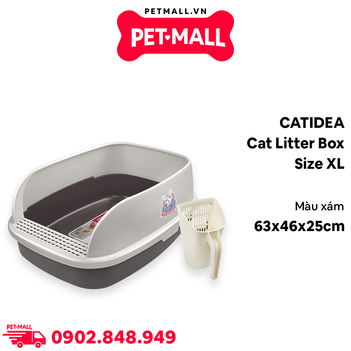 Khay vệ sinh mèo CATIDEA Cat Litter Box Size XL - 63x46x25cm  | Màu Xám - Tặng kèm xẻng Petmall
