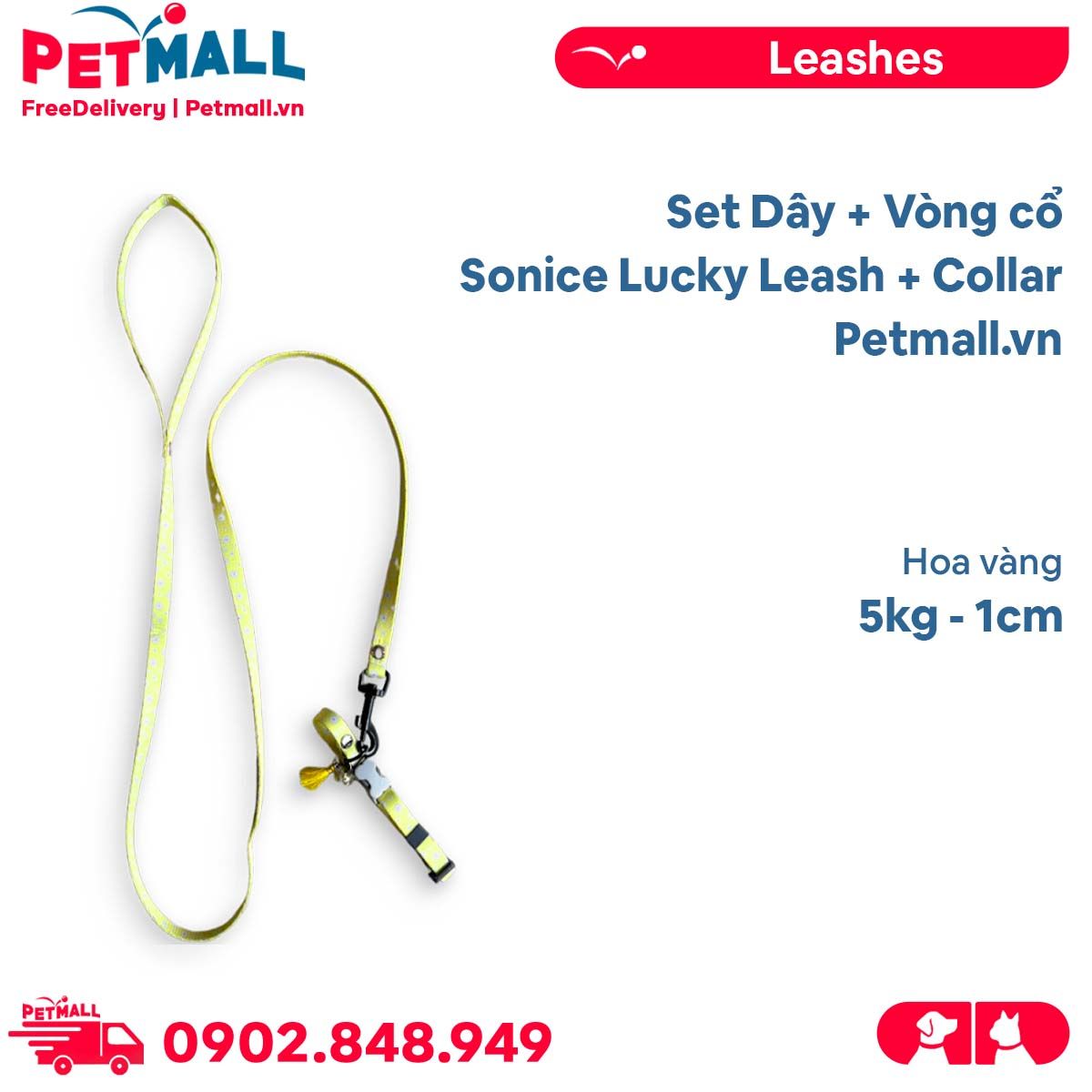 Set Dây + Vòng cổ Sonice Lucky Leash + Collar 5kg - 1cm Hoa vàng Petmall