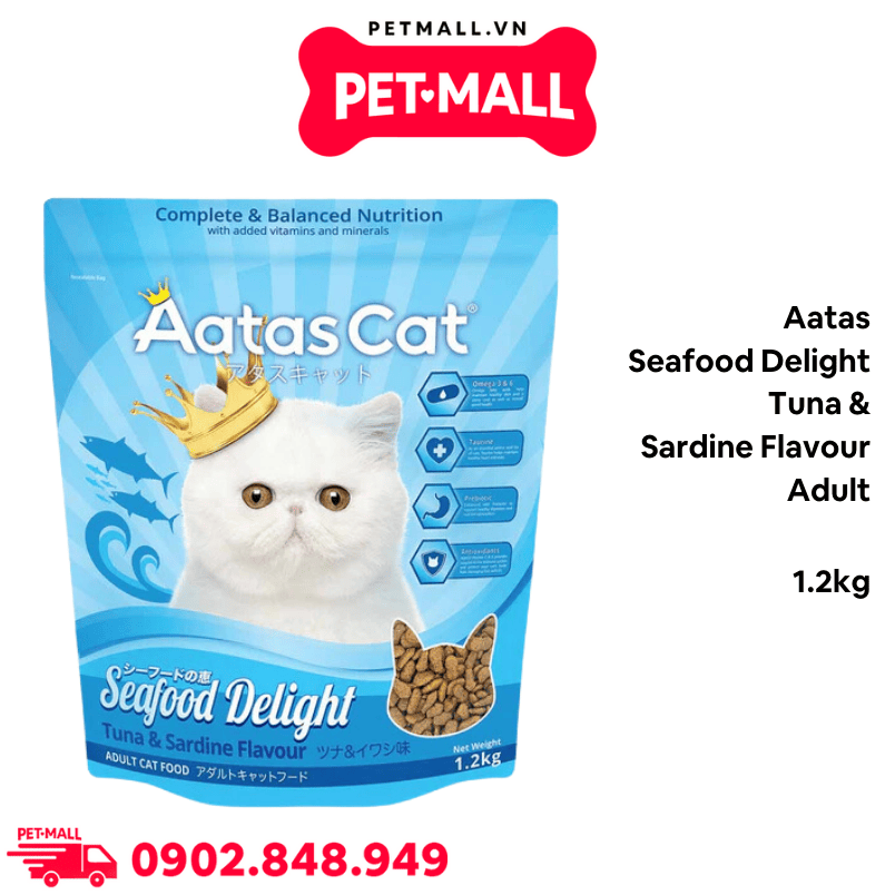 Thức ăn mèo Aatas Seafood Delight Tuna & Sardine Flavour Adult 1.2kg - Cá ngừ và Cá mòi Petmall