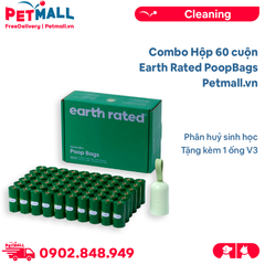 Combo Hộp 60 cuộn Earth Rated PoopBags - Tặng kèm 1 ống V3 - phân huỷ sinh học Petmall