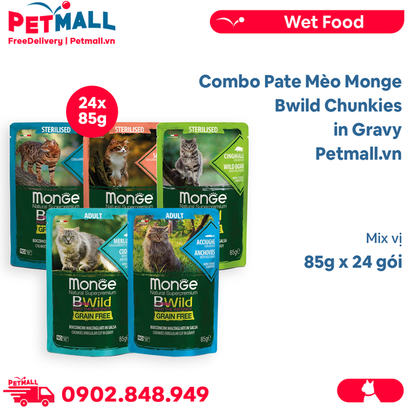 Combo 24 Gói 85G - Pate mèo Monge Bwild Chunkies in Gravy - Mix vị Petmall