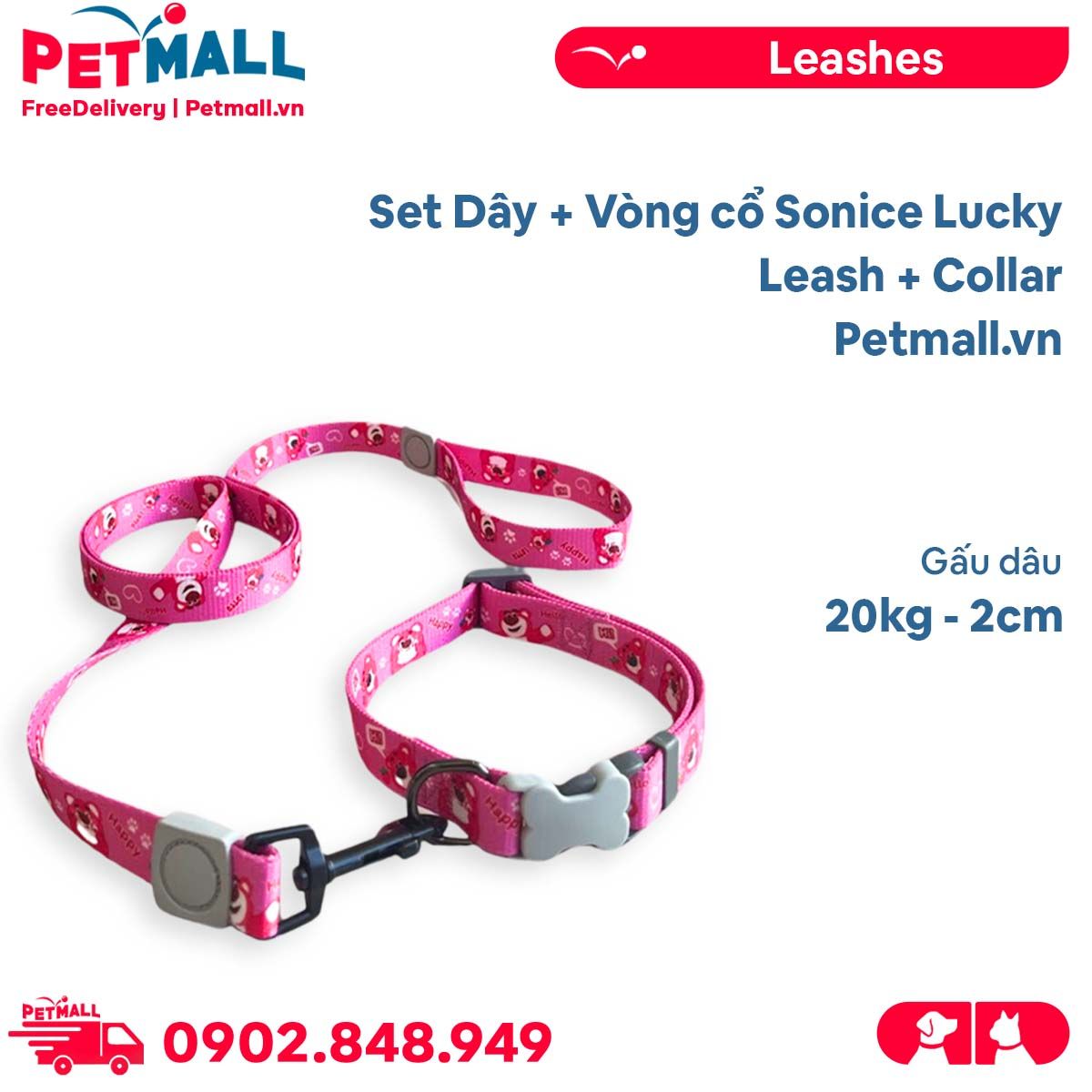 Set Dây + Vòng cổ Sonice Lucky Leash + Collar 20kg - 2cm Gấu dâu Petmall