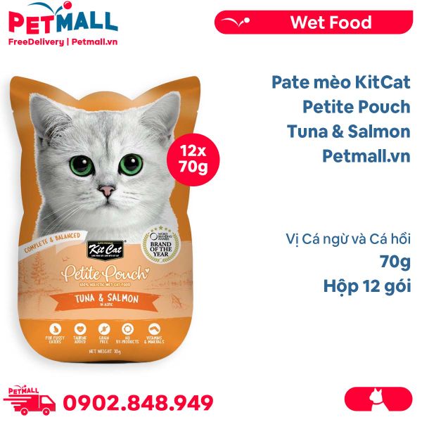 Hộp 12 Gói 70G - Pate mèo KitCat Petite Pouch Tuna & Salmon - Vị Cá ngừ và Cá hồi Petmall