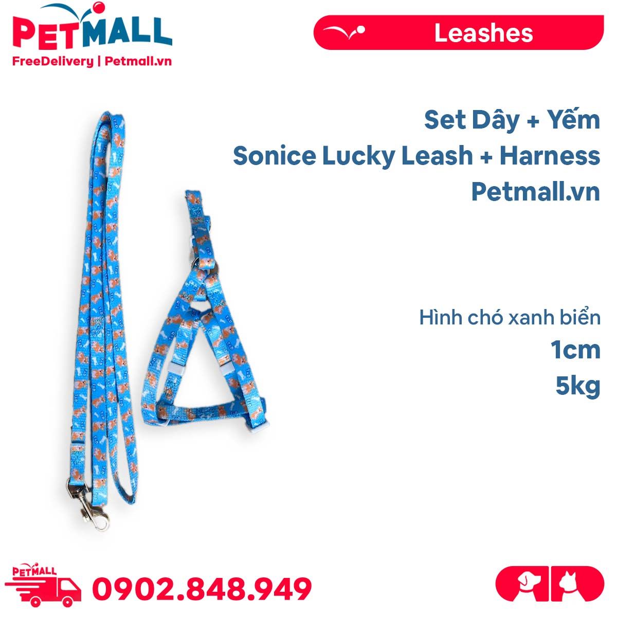 Set Dây + Yếm Sonice Lucky Leash + Harness 5kg - 1cm Hình chó xanh biển Petmall