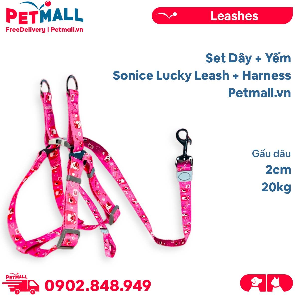 Set Dây + Yếm Sonice Lucky Leash + Harness 20kg - 2cm Gấu dâu Petmall