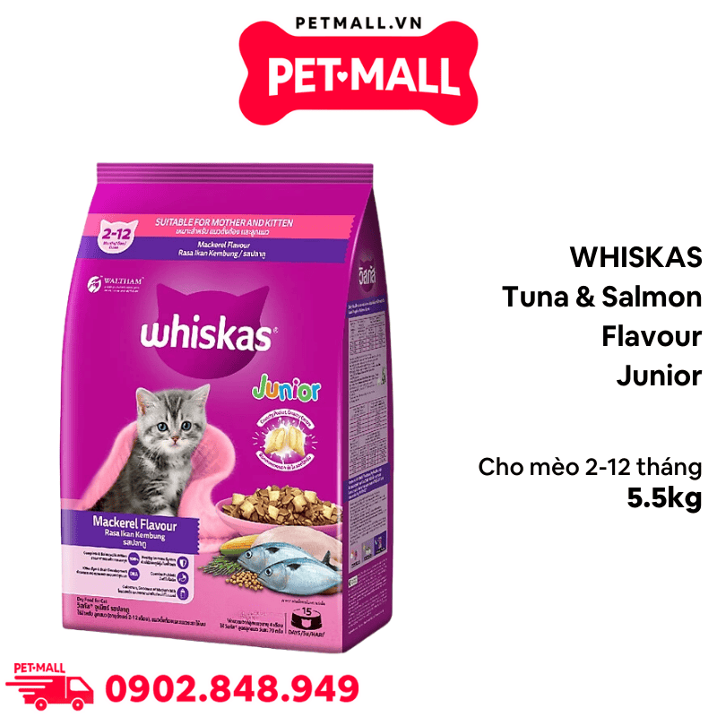 5.5KG - Thức ăn WHISKAS Mackerel Flavour Junior - Vị cá thu (cho mèo từ 2-12 tháng) Petmall