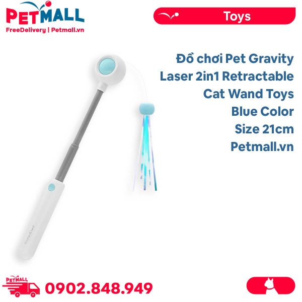 Đồ chơi Pet Gravity Laser 2in1 Retractable Cat Wand Toys Blue Color Size 21cm - Màu Xanh, cần câu lông vũ kèm laser cho Mèo Petmall