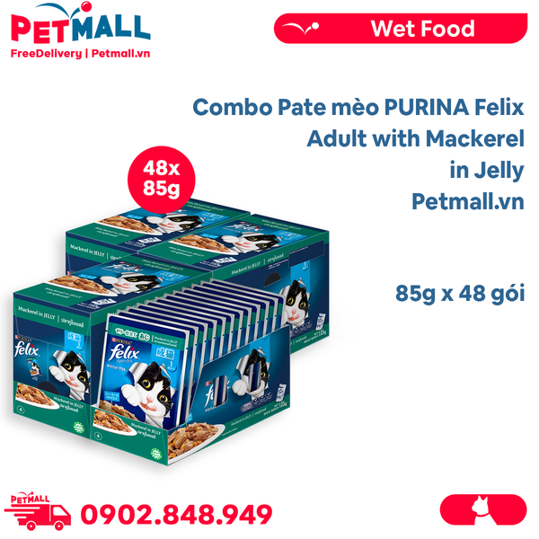 Combo Pate mèo PURINA Felix Adult with Mackerel in Jelly 85g - 48 gói Petmall