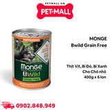 Combo Pate MONGE Bwild Grain Free Vị Thịt Vịt, Bí Đỏ, Bí Xanh lon cho Chó nhỏ 400g - 6 lon Petmall