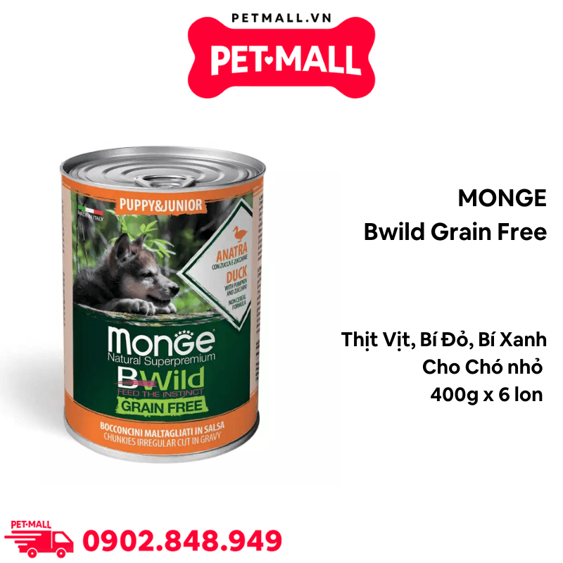 Combo Pate MONGE Bwild Grain Free Vị Thịt Vịt, Bí Đỏ, Bí Xanh lon cho Chó nhỏ 400g - 6 lon Petmall