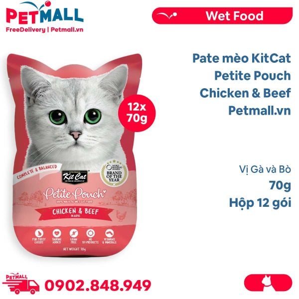 Hộp 12 Gói 70G - Pate mèo KitCat Petite Pouch Chicken & Beef - Vị Gà và Bò Petmall