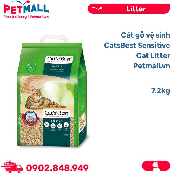 Cát gỗ vệ sinh CatsBest Sensitive Cat Litter 7.2kg - làm từ gỗ Germany Petmall