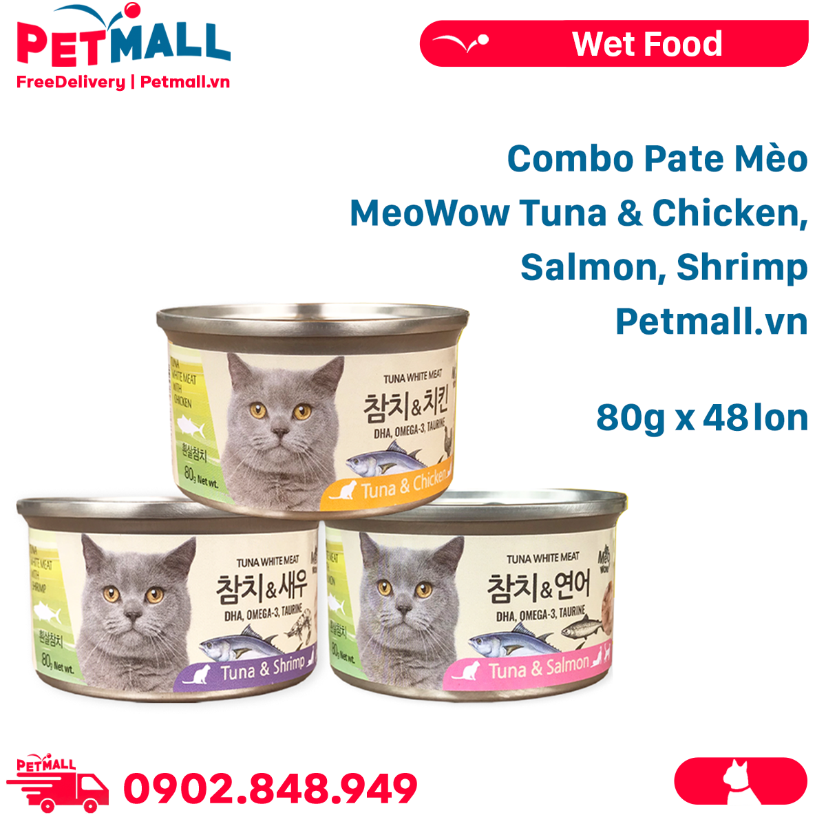 Combo Pate Mèo MeoWow Tuna & Chicken, Salmon, Shrimp 80g - 48 lon Petmall