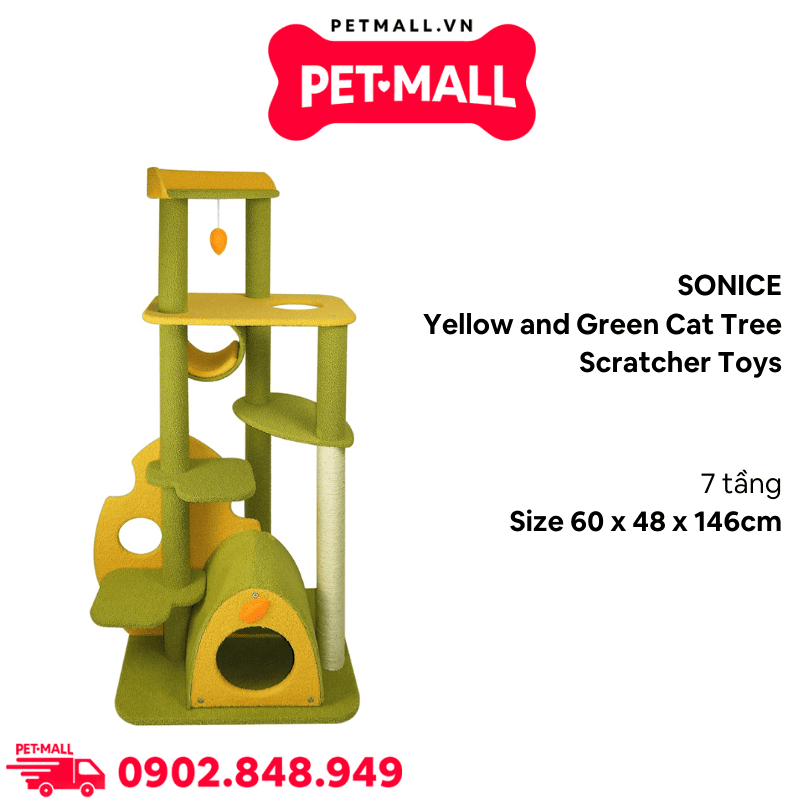 Trụ cào SONICE Yellow and Green Cat Tree Scratcher Toys Size 60 x 48 x 146 cm - 7 tầng màu xanh, vàng Petmall