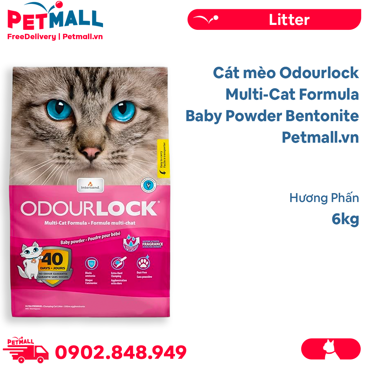 Cát mèo Odourlock MultiCat Formula Baby Powder Bentonite 6kg Hương