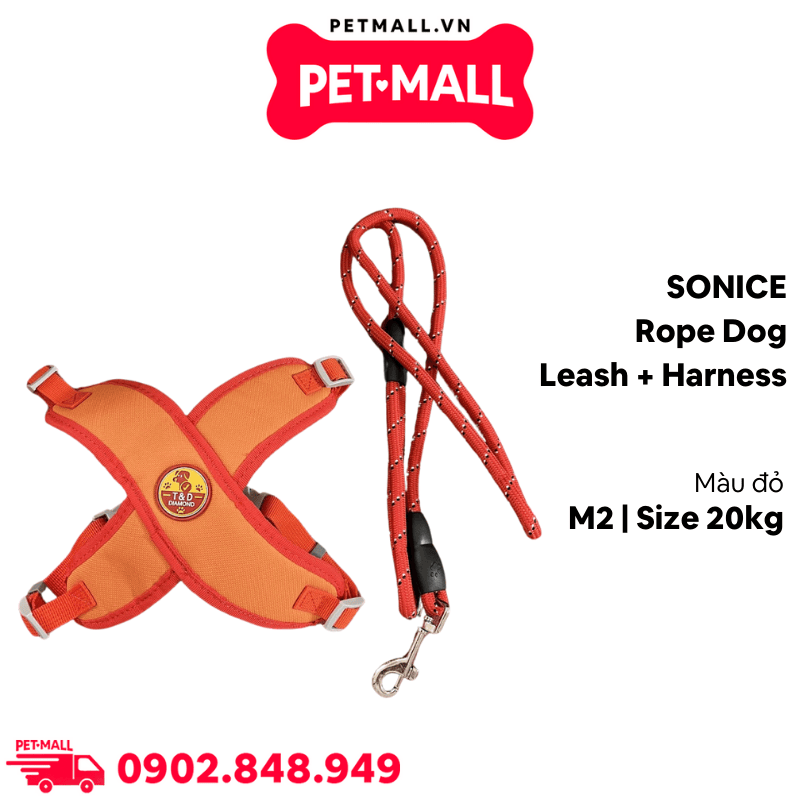 Set dây dắt + yếm SONICE Rope dog leash + harness size 20kg M2 - Đỏ Petmall