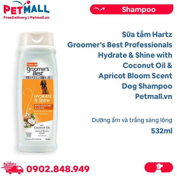 Sữa tắm Hartz Groomer's Best Professionals Hydrate & Shine with Coconut Oil & Apricot Bloom Scent Dog Shampoo 532ml - Dưỡng ẩm và trắng sáng lông Petmall
