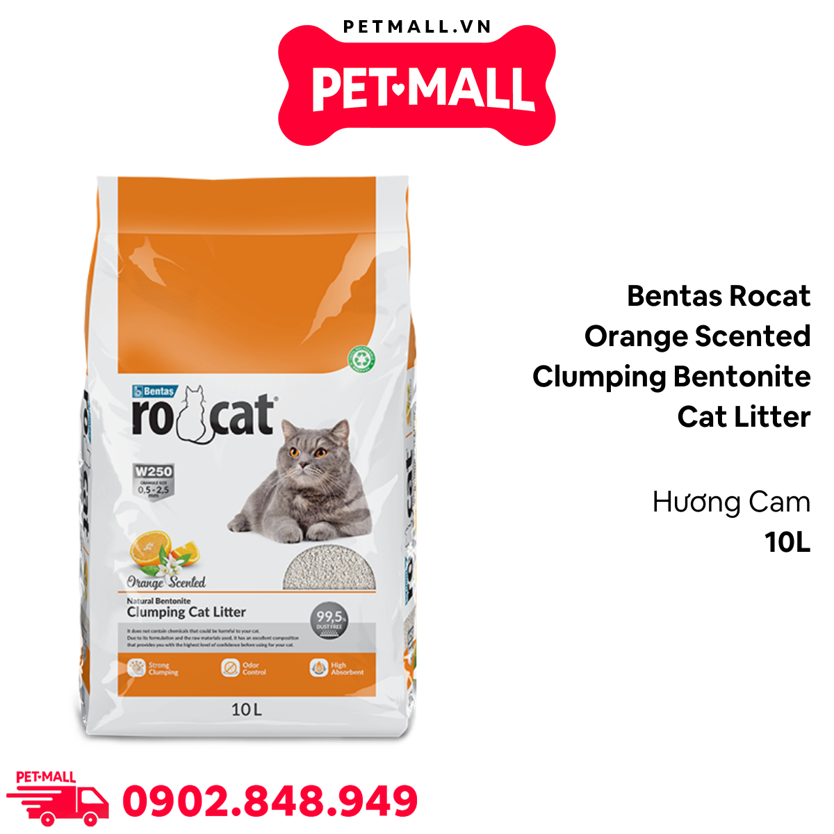 Cát vệ sinh Bentas Rocat Orange Scented Clumping Bentonite Cat Litter Gói 10L - Hương Cam, vón cục khử mùi tuyệt đối Petmall