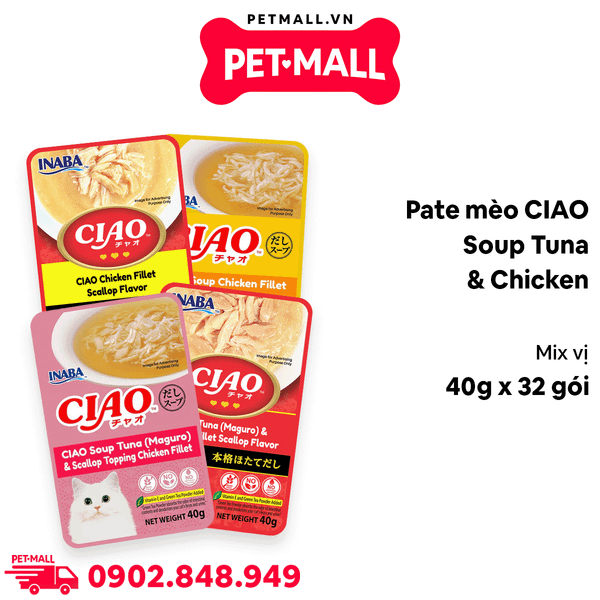 Combo 32 Gói 40G - Pate mèo CIAO Soup Tuna & Chicken - Mix vị Petmall