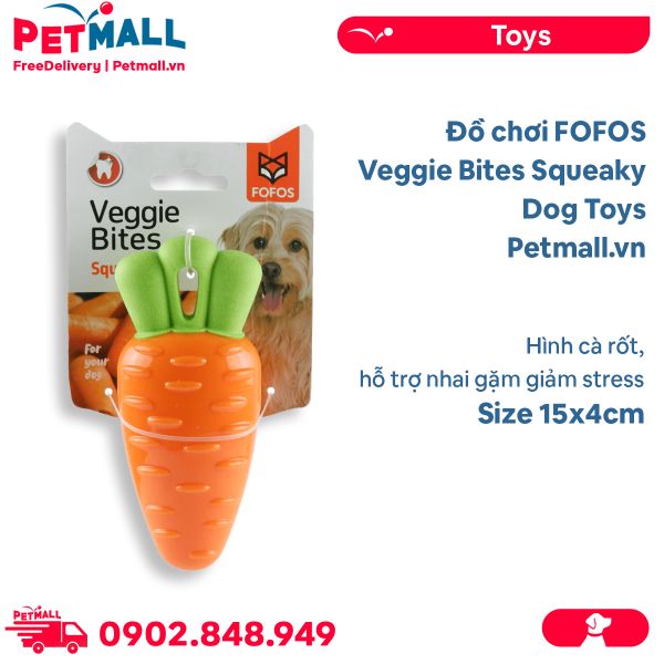 Đồ chơi FOFOS Veggie Bites Squeaky Carrot Dog Toys Size 15x4cm - Hình cà rốt, hỗ trợ nhai gặm giảm stress Petmall