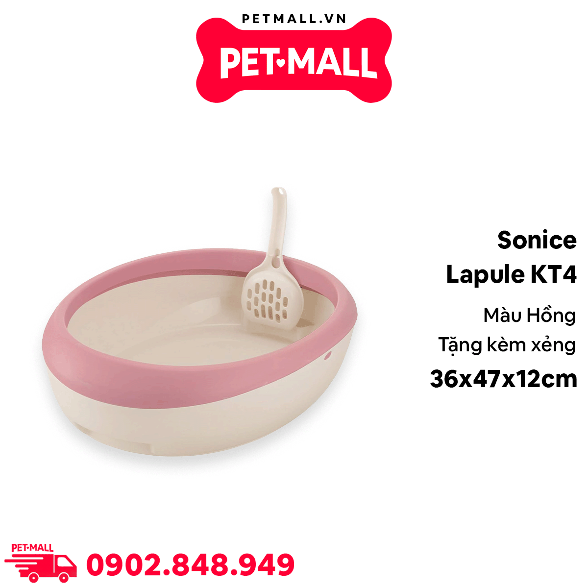 Khay vệ sinh mèo Sonice Lapule KT4 size M - 36 x 47 x 12 cm - Hồng  | Tặng Kèm Xẻng Petmall