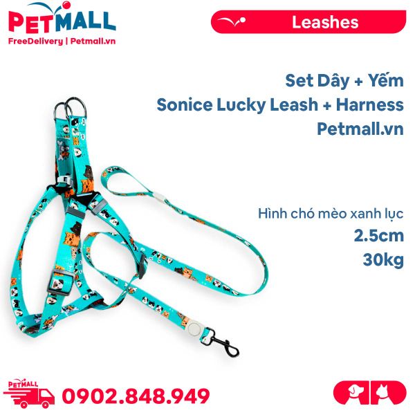 Set Dây + Yếm Sonice Lucky Leash + Harness 30kg - 2.5cm Hình chó mèo xanh lục Petmall