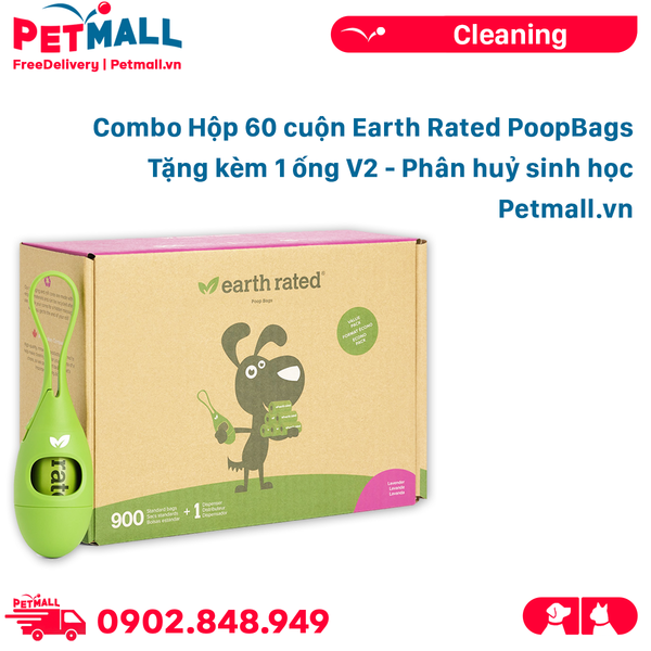 Combo Hộp 60 cuộn Earth Rated PoopBags - Tặng kèm 1 ống V2 - phân huỷ sinh học Petmall
