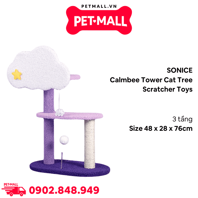 Trụ cào SONICE Calmbee Tower Cat Tree Scratcher Toys Size 48 x 28 x 76 cm - 3 tầng hình đám mây tím Petmall