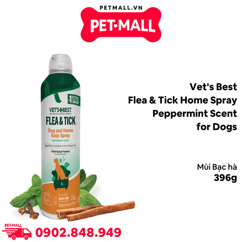 Xịt Vet's Best Flea & Tick Home Spray Peppermint Scent for Dogs 396g - Diệt ve bọ chét trong không gian sống mùi bạc hà cho Chó Petmall