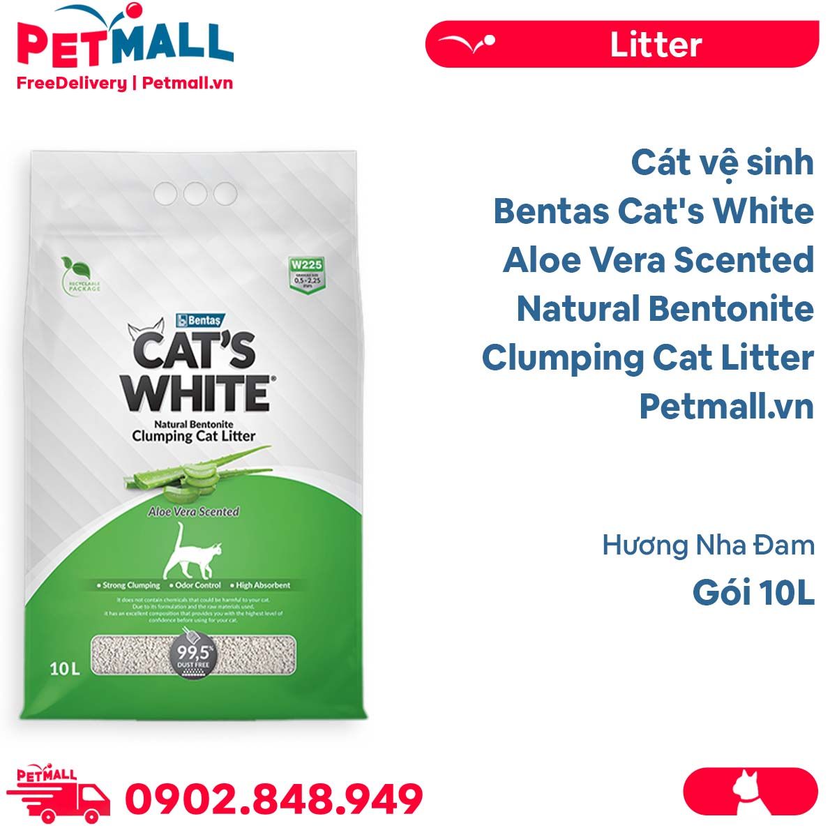 Cát vệ sinh Bentas Cat's White Aloe Vera Scented Natural Bentonite Clumping Cat Litter Gói 10L - Hương Nha Đam Petmall