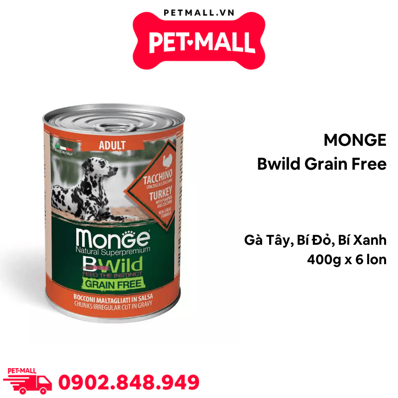 Combo Pate MONGE Bwild Grain Free Vị Gà Tây, Bí Đỏ, Bí Xanh lon 400g - 6 lon Petmall