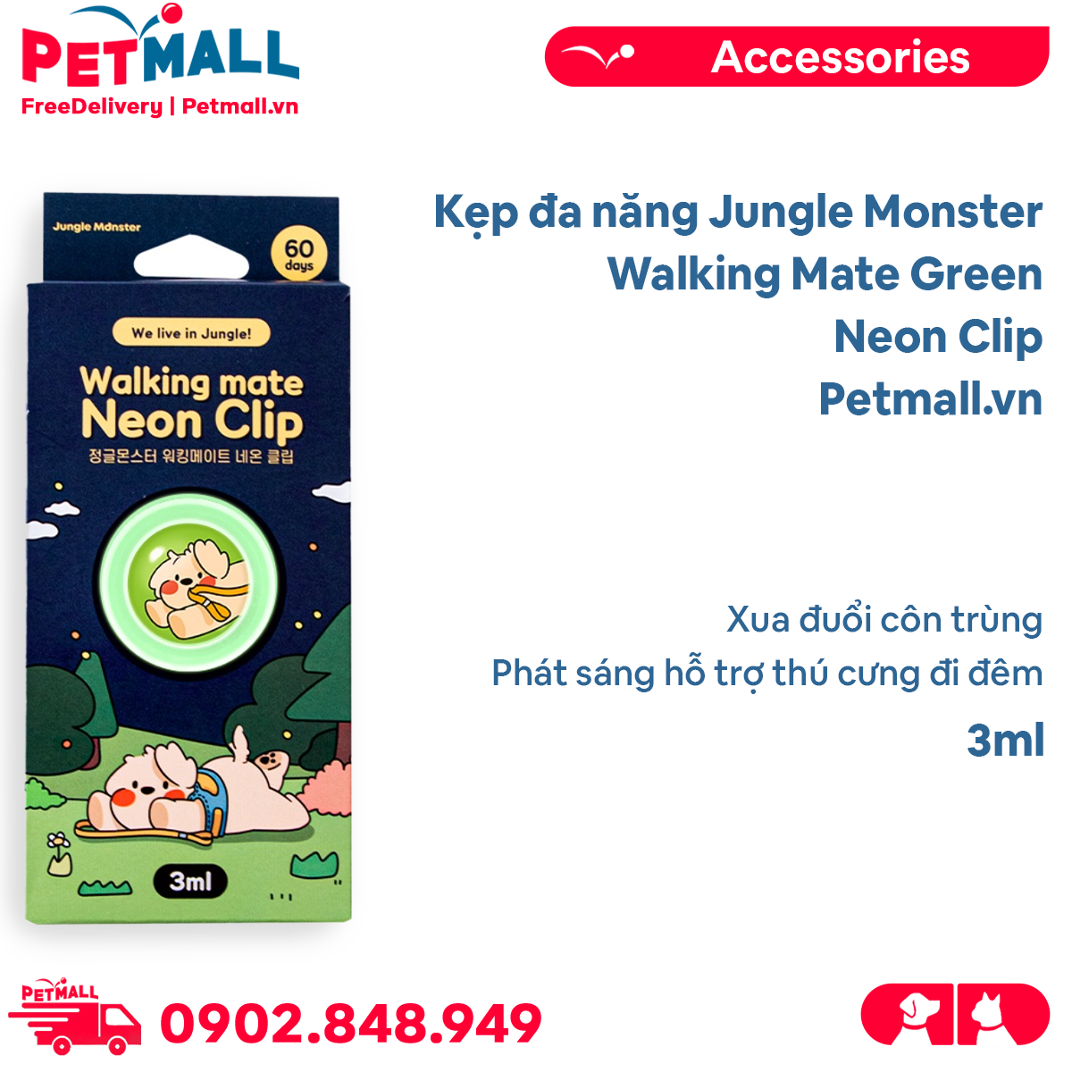 Kẹp đa năng Jungle Monster Walking Mate Green Neon Clip 3ml - Xua đuổi côn trùng, phát sáng hỗ trợ thú cưng đi đêm Petmall