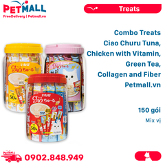 Combo 150 Gói Mix Vị - Treats Ciao Churu Tuna, Chicken with Vitamin, Green Tea, Collagen and Fiber Petmall