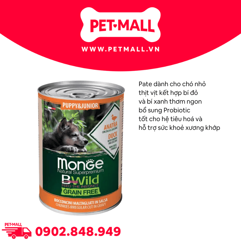 Combo Pate MONGE Bwild Grain Free Vị Thịt Vịt, Bí Đỏ, Bí Xanh lon cho Chó nhỏ 400g - 6 lon Petmall
