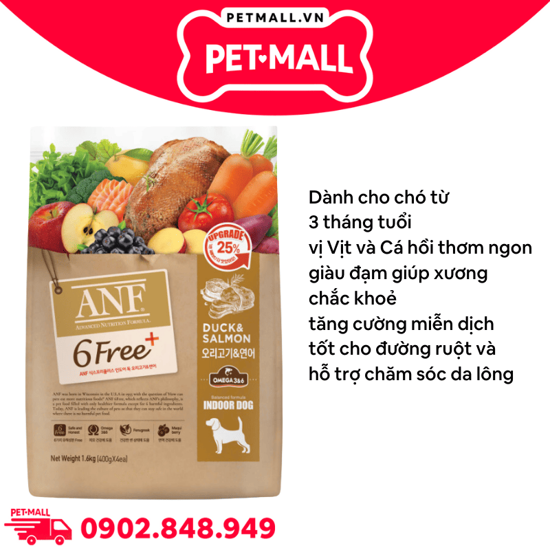 1.6KG - Thức ăn chó ANF 6Free Plus Dog Duck & Salmon - Thịt Vịt và Cá Hồi Petmall