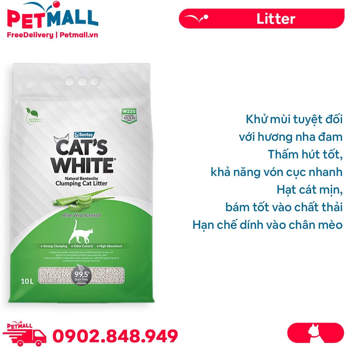Cát vệ sinh Bentas Cat's White Aloe Vera Scented Natural Bentonite Clumping Cat Litter Gói 10L - Hương Nha Đam Petmall