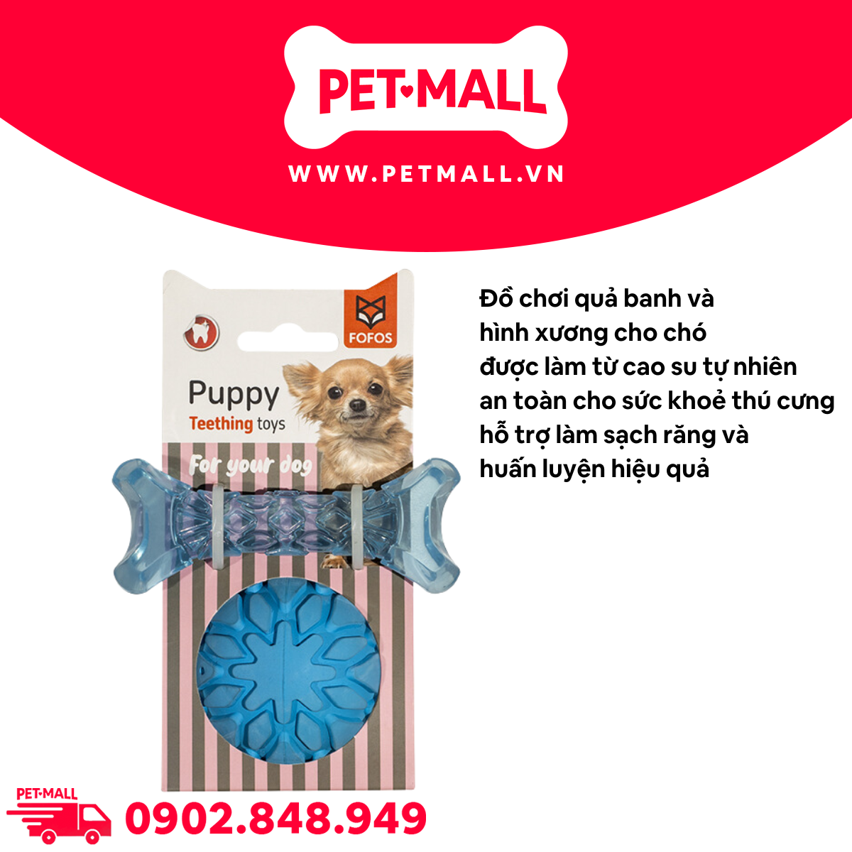 Đồ chơi FOFOS Milk Bone & Ball blue - bóng và xương hỗ trợ nhai gặm, Xanh dương Petmall