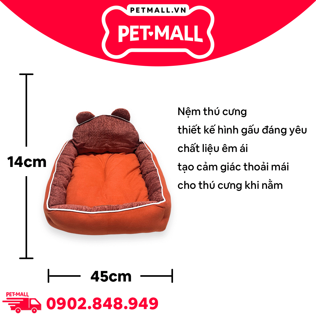 Nệm SONICE Big Bear Pet bed hình gấu size L - 45 x 55 x 14 cm | Màu cam Petmall