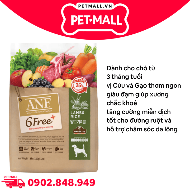 1.6KG - Thức ăn chó ANF 6Free Plus Dog Lamb & Rice - Thịt Cừu và Gạo Petmall